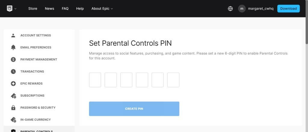 Fortnite set parental controls pin