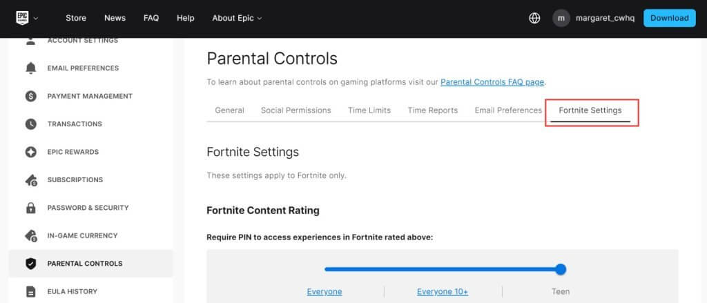 Fortnite settings in parental controls