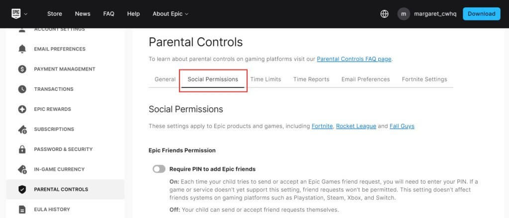 Social permissions tab in parental controls