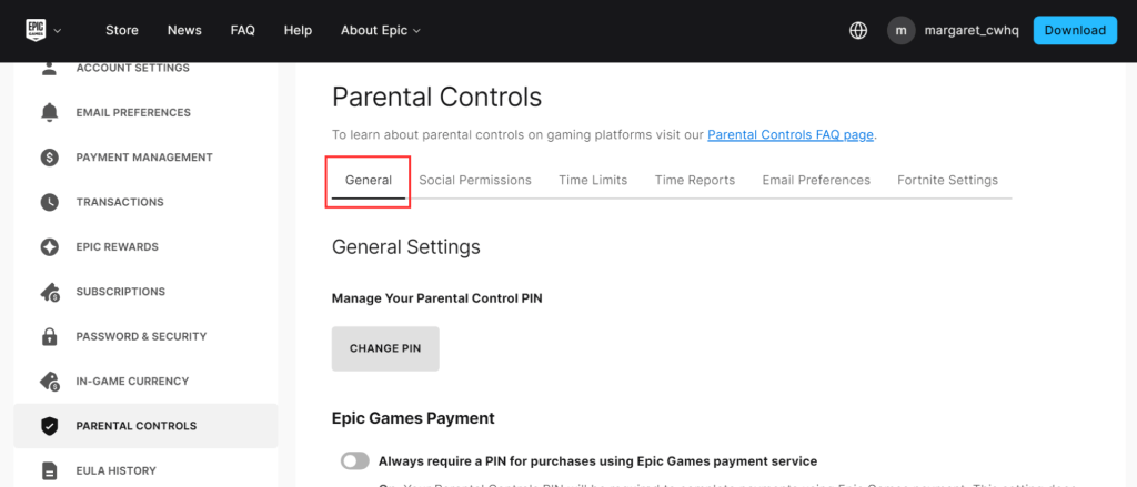 Fortnite parental controls general tab